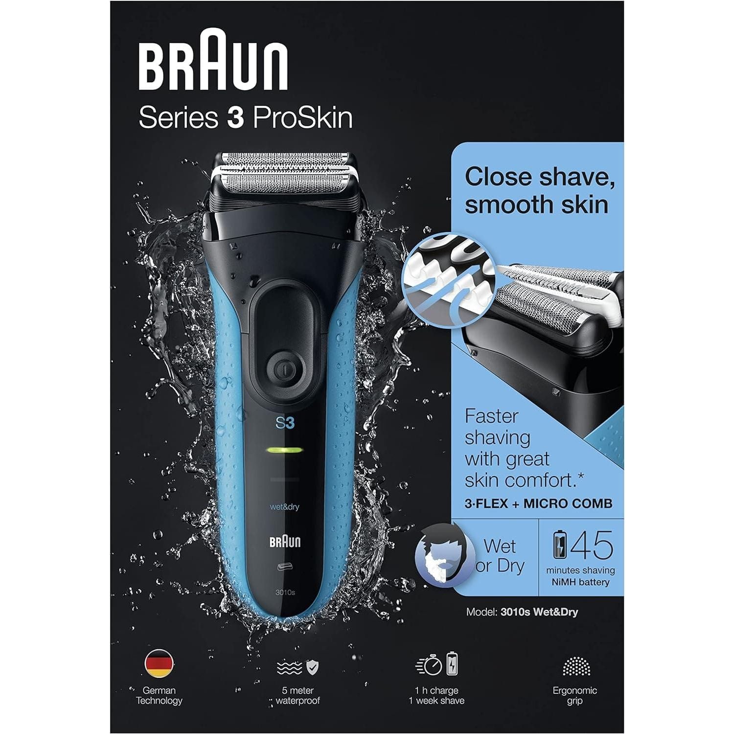 Braun Series 3 ProSkin Electric Shaver, Electric Razor for Men With Precision Head, Cordless, Wet & Dry, Black/Blue Razor - 1